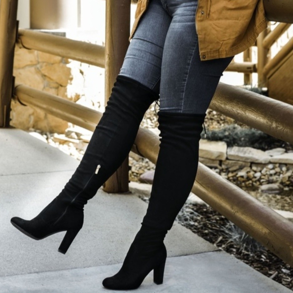 Fashion Nova Black Over-the-Knee Boots with High Block Heel - Picture 3 of 10